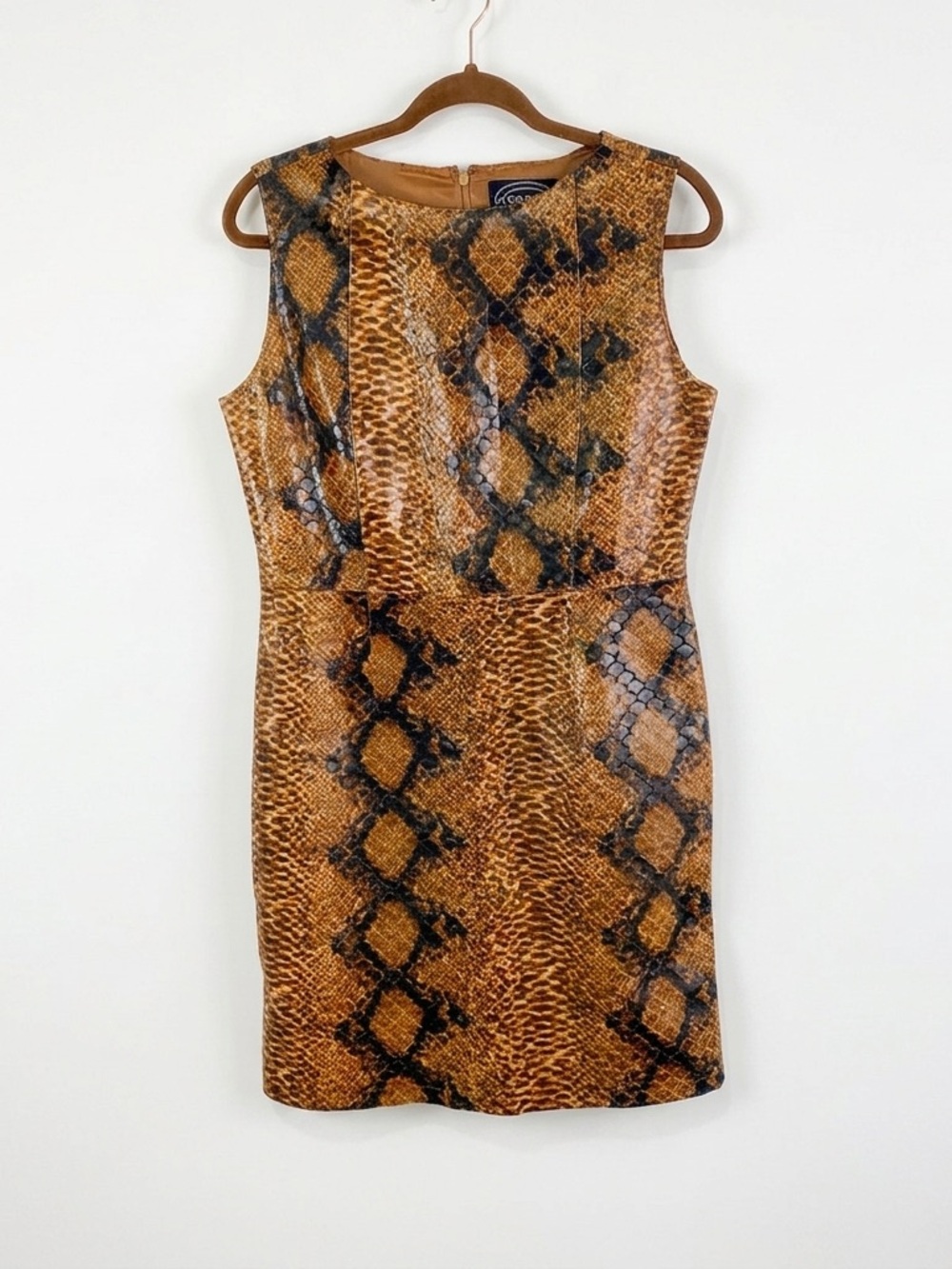 Vintage Selene Sport Python Snake Print PVC Leather Shift Dress Brown Gold M